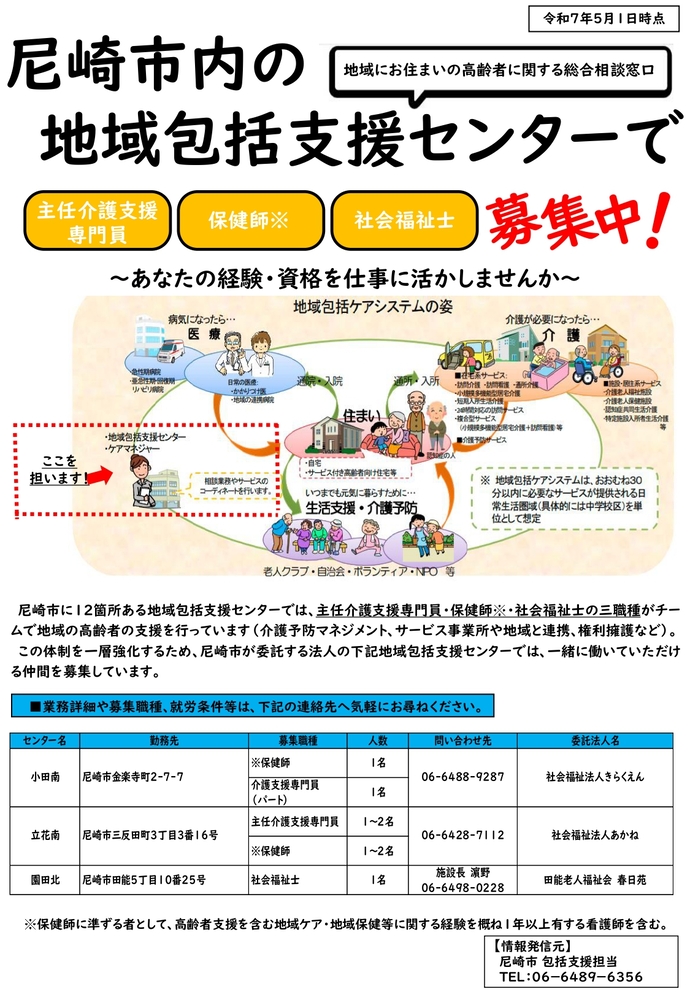 尼崎市の地域包括支援センターで職員募集中