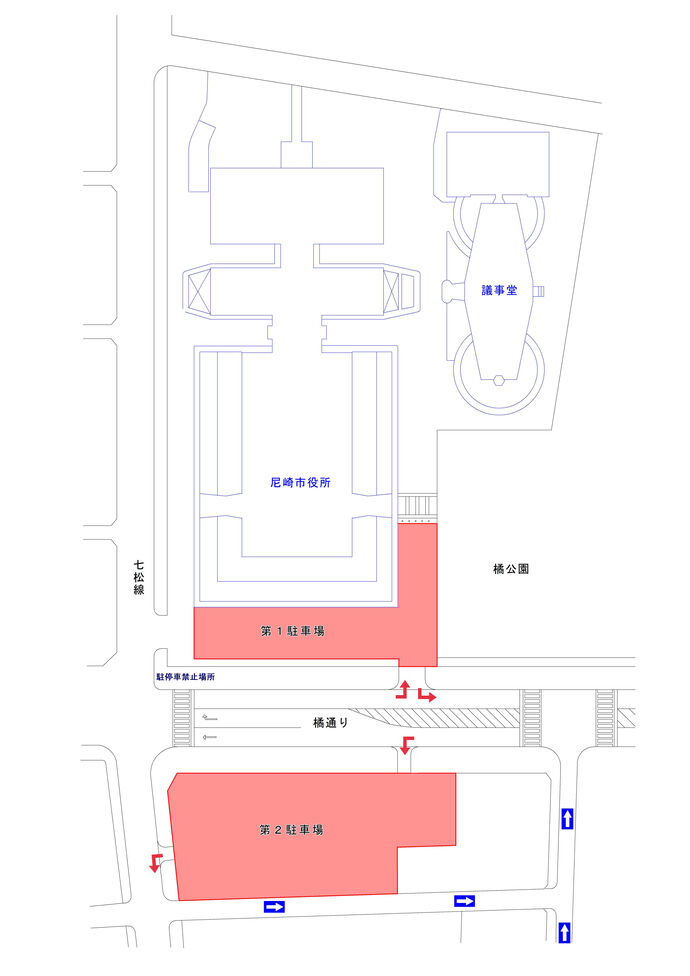 本庁舎第1駐車場・第2駐車場　アクセス方法　配置図