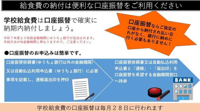 給食費の納付には便利な口座振替をご利用ください。