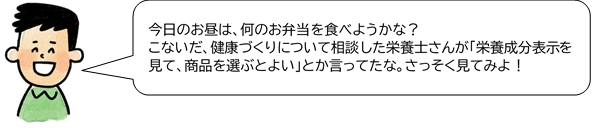 お弁当を選ぶ40歳男性　今日のお昼は、何のお弁当を食べようかな？こないだ、健康づくりについて相談した栄養士さんが「栄養成分表示を見て。商品を選ぶとよい」とか言っていたな。さっそく見てみよう！