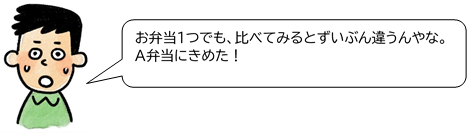 驚いた男性。お弁当1つでも、比べてみるとずいぶん違うんやな。A弁当に決めた！