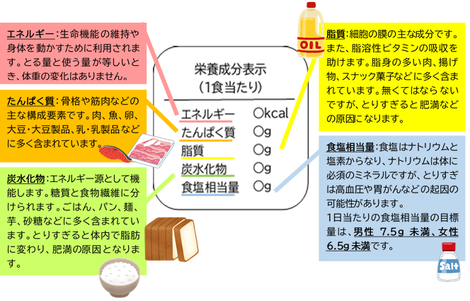 栄養成分表示に書かれている5つの栄養成分について。エネルギー：生命機能の維持や身体を動かすために利用されます。とる量と使う量が等しいとき、体重の変化はありません。たんぱく質：人の骨格や筋肉などの主な構成要素。肉、魚、卵、大豆・大豆製品、乳・乳製品などに多く含まれています。脂質：身体（臓器）を守ったり、脂溶性ビタミンの吸収を助けたりします。脂身の多い肉、揚げ物、スナック菓子などに多く含まれています。無くてもならないが、とりすぎると肥満などの原因になります。炭水化物：エネルギー源として機能。糖質と食物繊維に分けられる。ごはん、パン、麺、芋、砂糖などに多く含まれています。とりすぎると体内で脂肪に変わり、肥満の原因となります。食塩相当量：食塩はナトリウムと塩素からなり、ナトリウムは体に必須のミネラルですが、とりすぎは高血圧や胃がんの病気の起因の可能性があります。