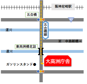 大高洲庁舎は阪神尼崎駅から五合橋線沿いに南に約2キロ南下した場所にあります。